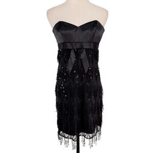 Betsey Johnson Babydoll Sequin Fringe Dress Black Mini Cocktail Party Y2K Size 2